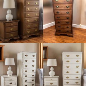 Puede incluir: Colecci&oacute;n de muebles de dormitorio de madera, que incluye una mesita de noche con l&aacute;mpara y una c&oacute;moda alta con varios cajones. Los muebles est&aacute;n disponibles en acabados marr&oacute;n y blanco, con herrajes de color lat&oacute;n.