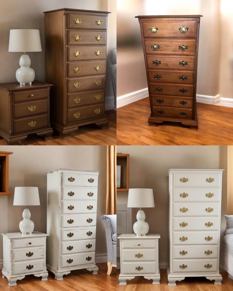 Puede incluir: Colecci&oacute;n de muebles de dormitorio de madera, que incluye una mesita de noche con l&aacute;mpara y una c&oacute;moda alta con varios cajones. Los muebles est&aacute;n disponibles en acabados marr&oacute;n y blanco, con herrajes de color lat&oacute;n.