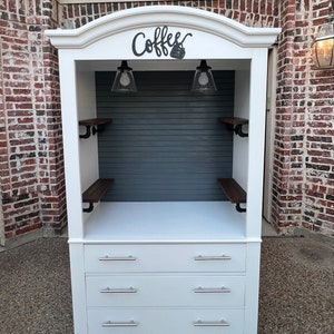 White hutch with walnut shelves, coffee bar, Christmas hot-chocolate bar, farmhouse decor image 7