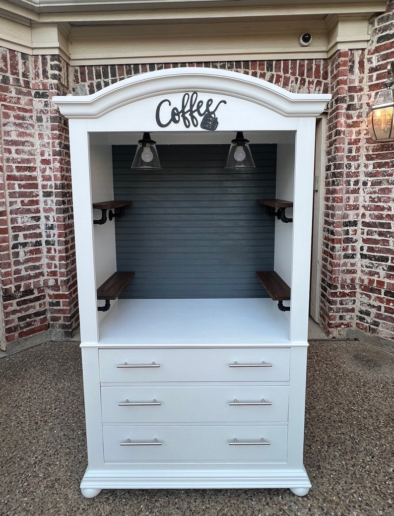 White hutch with walnut shelves, coffee bar, Christmas hot-chocolate bar, farmhouse decor image 7