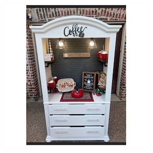 White hutch with walnut shelves, coffee bar, Christmas hot-chocolate bar, farmhouse decor image 1