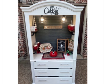 White hutch with walnut shelves, coffee bar, Christmas hot-chocolate bar, farmhouse decor