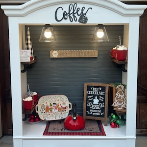 White hutch with walnut shelves, coffee bar, Christmas hot-chocolate bar, farmhouse decor image 2