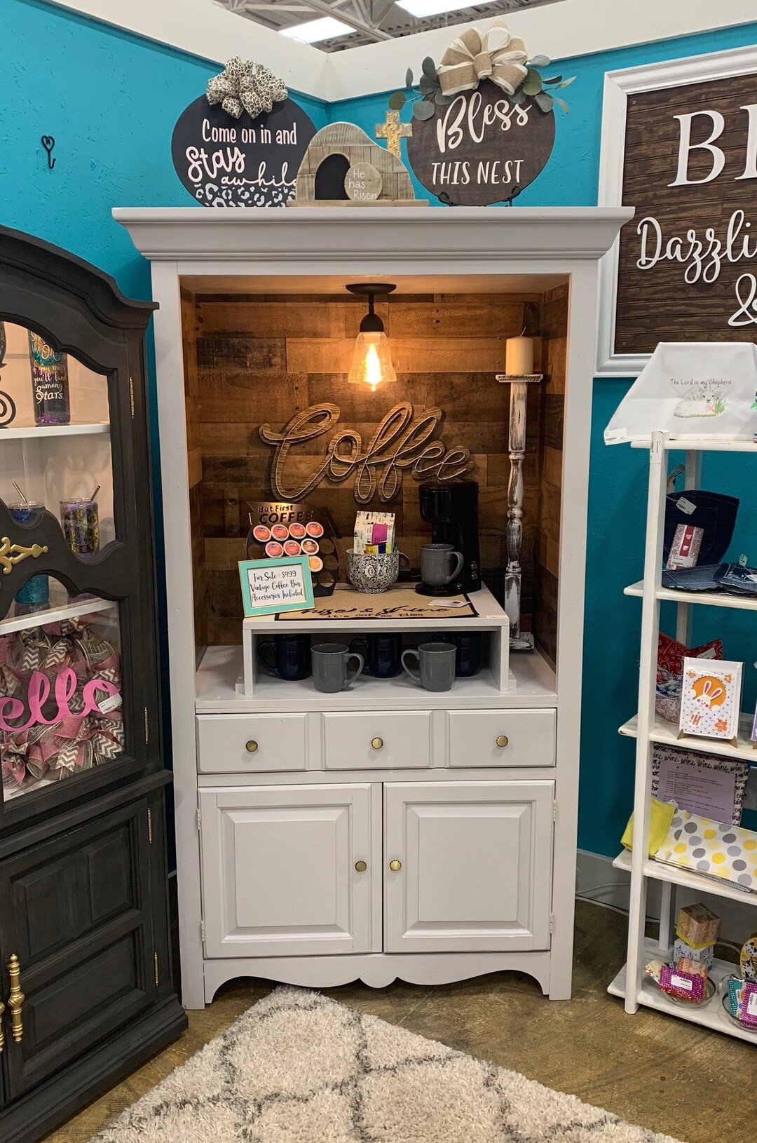 Custom Vintage coffee bar, vintage armoire, grey coffee and wine 