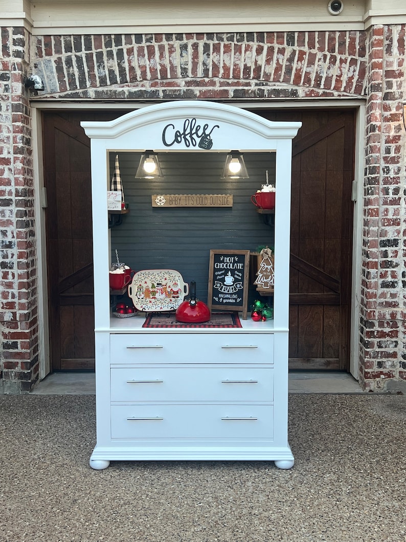 White hutch with walnut shelves, coffee bar, Christmas hot-chocolate bar, farmhouse decor image 3