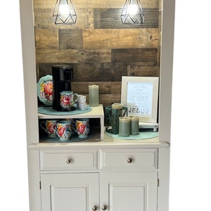 Coffee/Beverage Bar, armoire, hutch, white with distressed grey wood