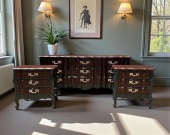 Henry Link French Provisional bedroom sets, vintage dresser and end tables, unique, elegant custom designs, hickory gel stain, salamander