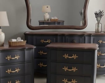 3 piece Thomasville French Provisional Set: dresser, two end tables, Hale Navy Matte finish, provisional suites customized designed