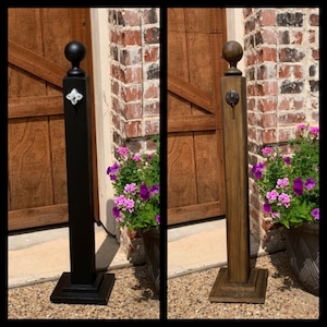 Wooden banister with hook for front entry way, porch sign post, front door post, round sign post