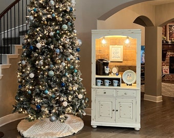 Distressed white and brown armoire bar, coffee hutch