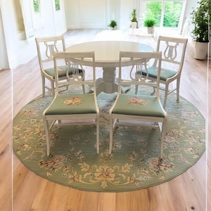 White washed, Duncan Phyfe harp chairs and round pedestal table with leaf, needlepointe sage green, vintage 1900s
