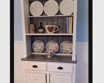 Distressed white and gray hutch, dining room hutch, farmhouse decor, vintage hutch
