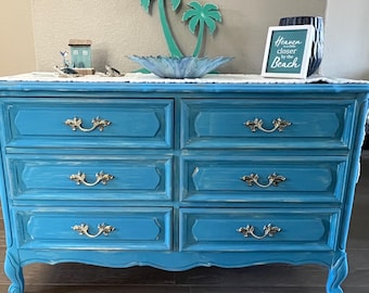 Henry Link french provisional dresser, vintage, giverny chalk paint, distressed white and gold, bedroom decor