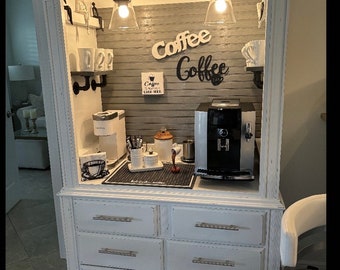 Distressed white coffee and wine armoire, grey pipe shelves, graystone beadboard, beverage bar, beverage station, wine bar, rustic farmhouse