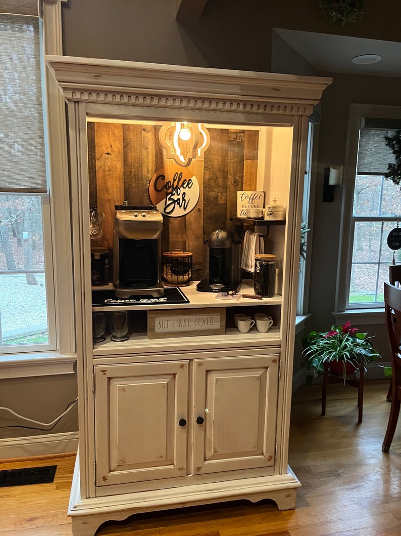 Farmhouse White-washed Coffee Bar, Distressed Hutch, Worn Rustic ...