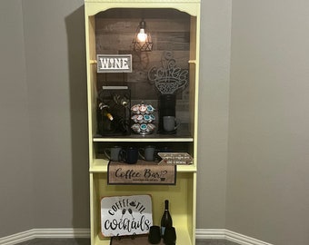 Vintage yellow coffee bar, farmhouse hutch, coffee and wine cabinet, antique furniture