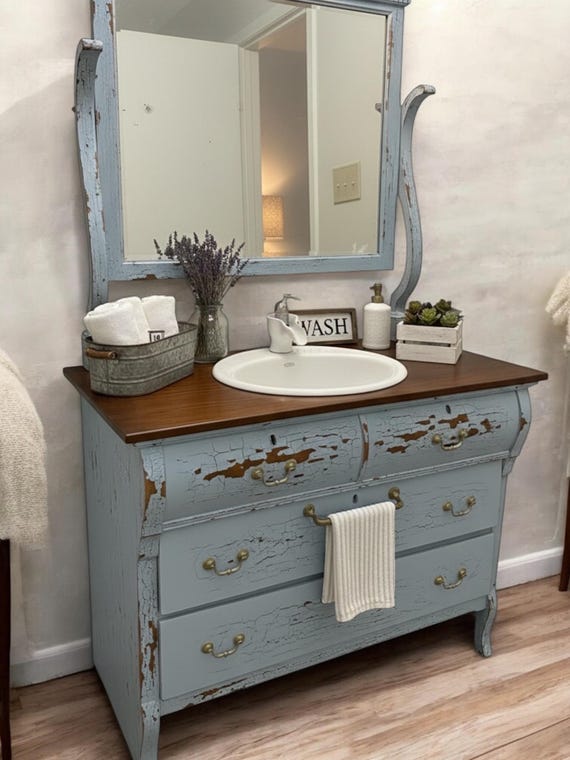 dresser vanities Bathroom Vanity Armoire, White Porcelain Sink, Hardware, Lights, Matching Mirror, 1900's Vintage Solid Wood Size:Dresser Cicinia Champagne Plus Size trendy boys pattern Antique Its spacious tabletop