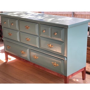 Vintage dresser, French style dresser, bedroom decor, dresser, gold handles, sage green