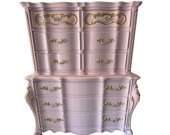 French Provisional tallboy pink and gold accents, vintage dresser and end tables, unique, elegant custom designs, chest of drawers