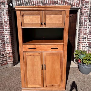 Kitchen microwave and fridge cabinet, pecan and hunter green cabinet, coffee and drink hutch, solid wood