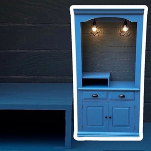 Blue and Grey coffee bar, coffee bar, beverage station, coffee and wine cabinet, vintage hutch, farmhouse decor