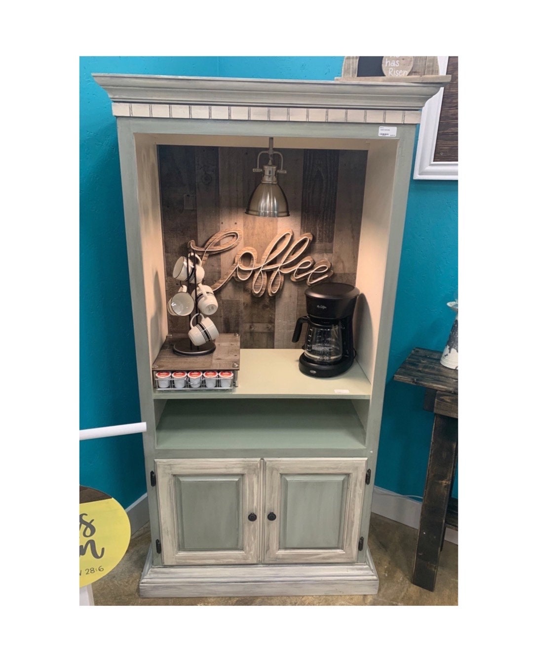 Sage Green and Antique White Hutch, Custom Coffee Bar, Armoire