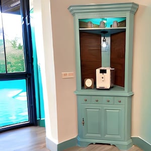 Beach house decor, Reflecting Pool corner beverage bar, corner hutch, coffee bar, storage China hutch/cabinet