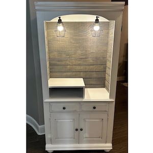 Coffee/Beverage Bar, armoire, hutch, white with distressed grey showing through on edges