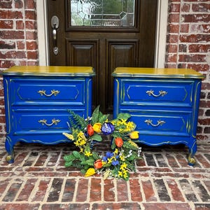 Set of 2: blue and gold side table, antique side table, end table, vintage