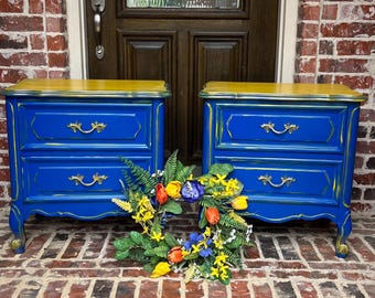 Set of 2: blue and gold side table, antique side table, end table, vintage