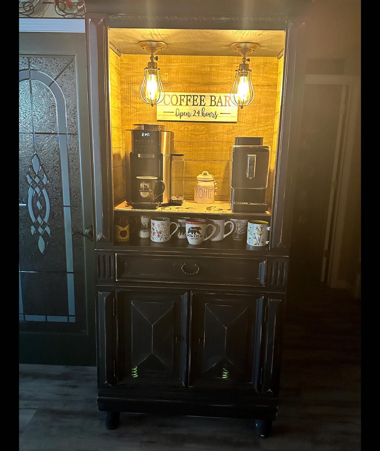 Distressed Black Coffee Hutch, Wine Bar, Beverage Station, Solid