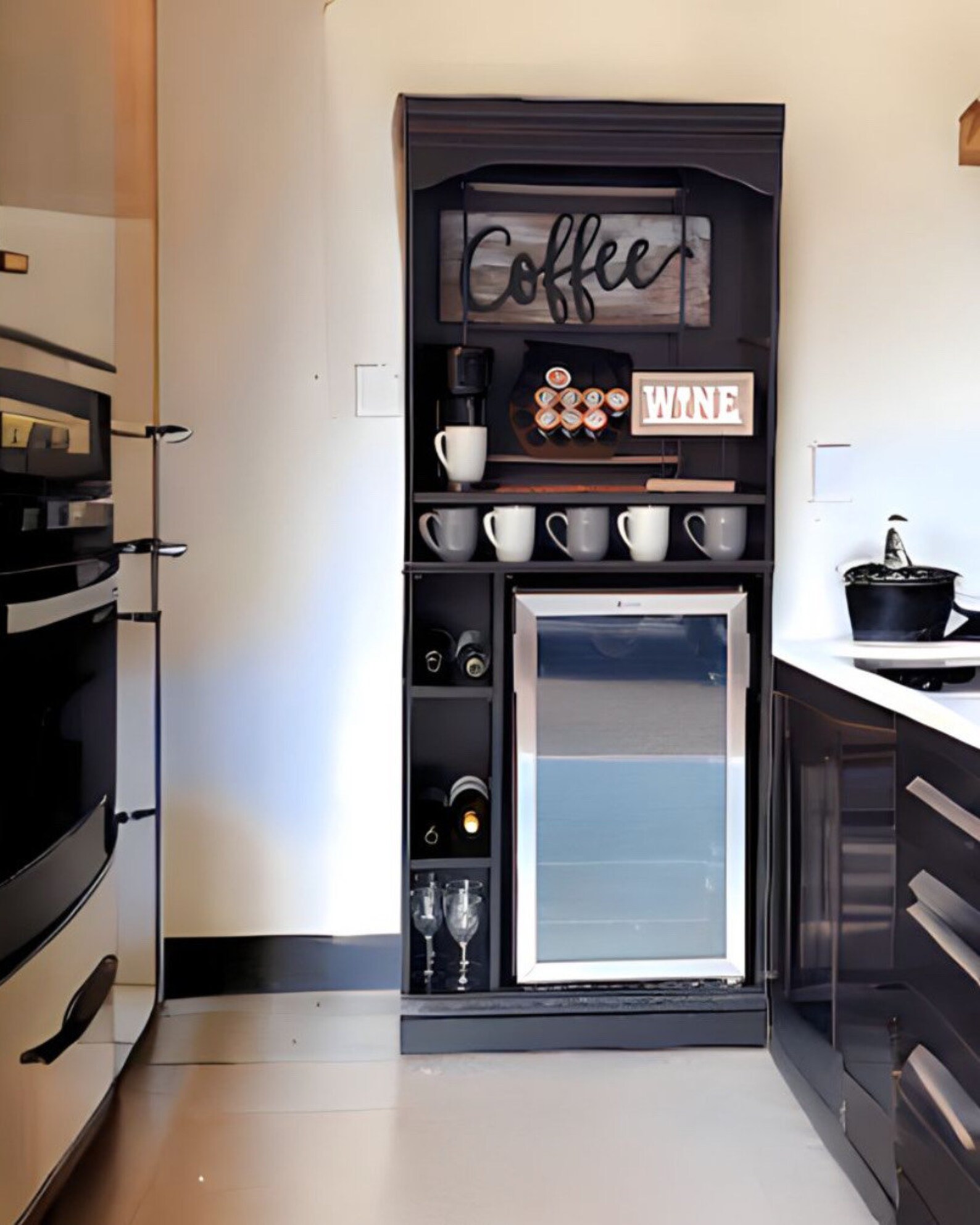 Black With Fridge, Coffee and Wine Hutch, Beverage Station