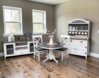 3 piece farmhouse set, table, hutch, tv stand distressed white and gray stained wood, rustic with slight worn look, customizable