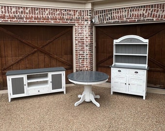 Set: Hutch, pedestal table, and buffet stand, farmhouse white distressed, gray stone stain wood tops, solid wood pieces, slight worn look