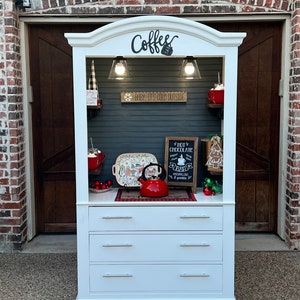 White hutch with walnut shelves, coffee bar, Christmas hot-chocolate bar, farmhouse decor image 9