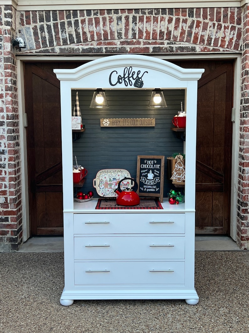 White hutch with walnut shelves, coffee bar, Christmas hot-chocolate bar, farmhouse decor image 9