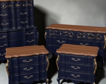 4 piece set: Provisional bedroom sets, winged legs and embellished, vintage dresser with two end tables and chest, unique