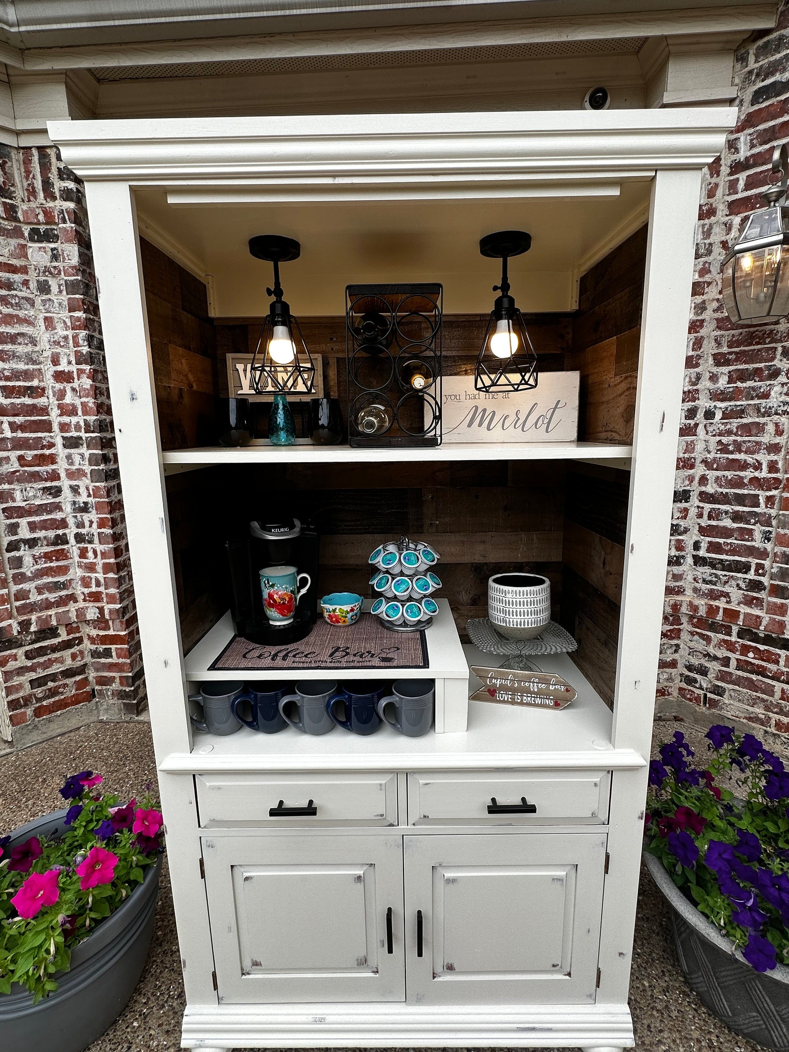 Antique White Distressed Coffee Hutch, Farmhouse Cabinet, Rustic Decor ...