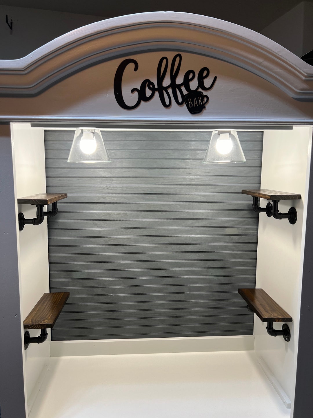 Farmhouse, White Coffee Hutch, Pipe Shelves, Beverage Hutch, Armoire ...