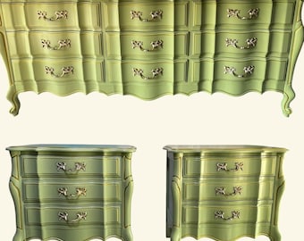 Glad green and gold trimmed French Provisional dresser and two end tables, vintage dresser and end tables, unique, elegant custom designs