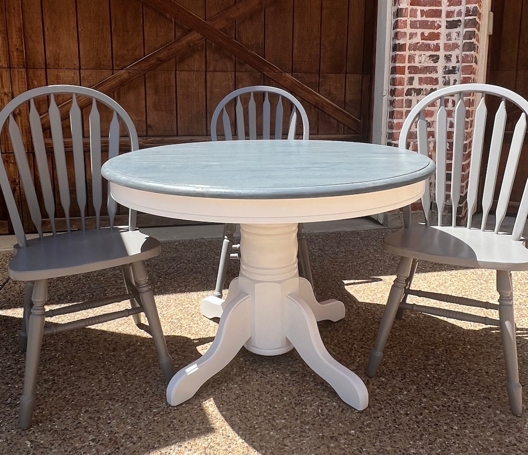 Farmhouse Pedestal Table, Greystone Stain Top and Creme Pedestal