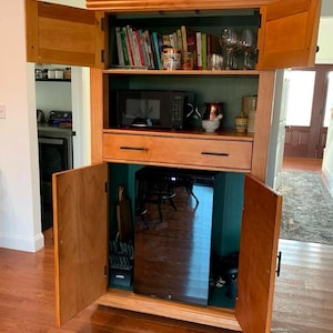 Kitchen microwave and fridge cabinet, pecan and hunter green cabinet, coffee and drink hutch, solid wood