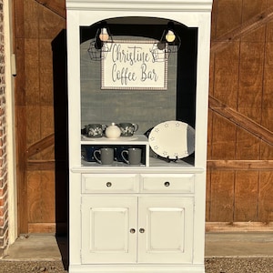Coffee/Beverage Bar, armoire, hutch, white with distressed grey wood