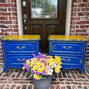 Set of 2: blue and gold side table, antique side table, end table, vintage