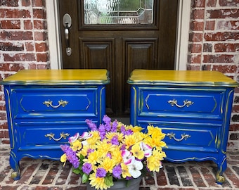 Set of 2: blue and gold side table, antique side table, end table, vintage