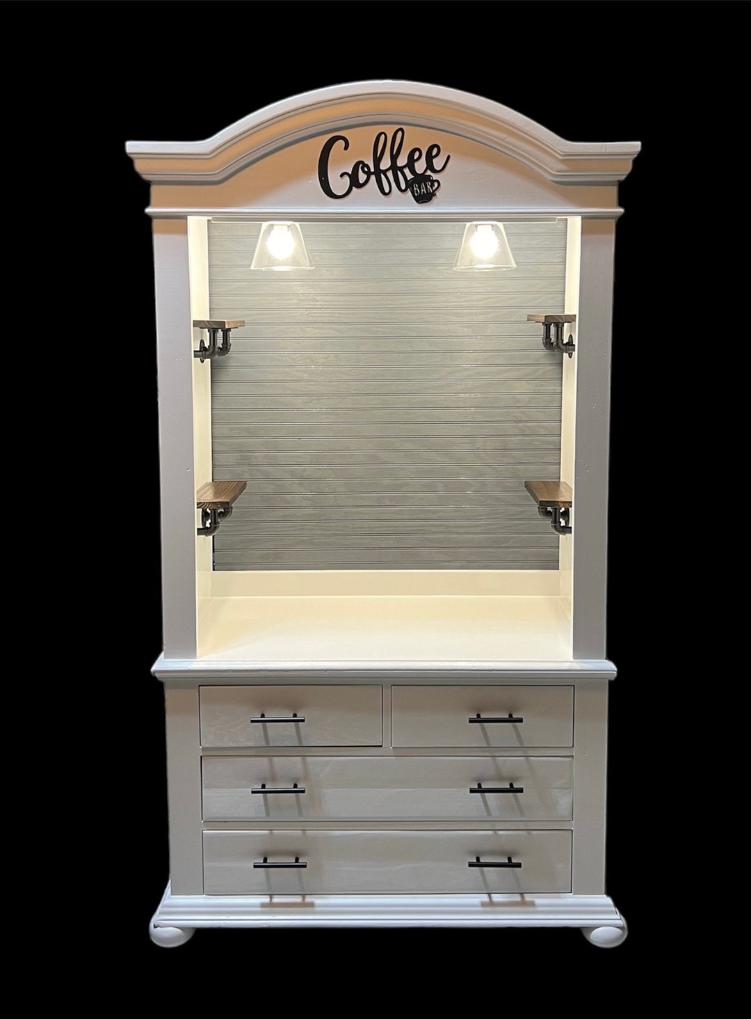 Farmhouse, White Coffee Hutch, Pipe Shelves, Beverage Hutch, Armoire ...