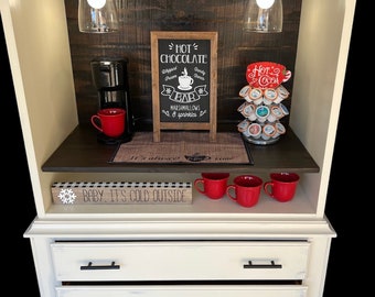 Hutch with end table, antique white distressed, walnut wood, coffee bar, hot chocolate bar, Christmas decor