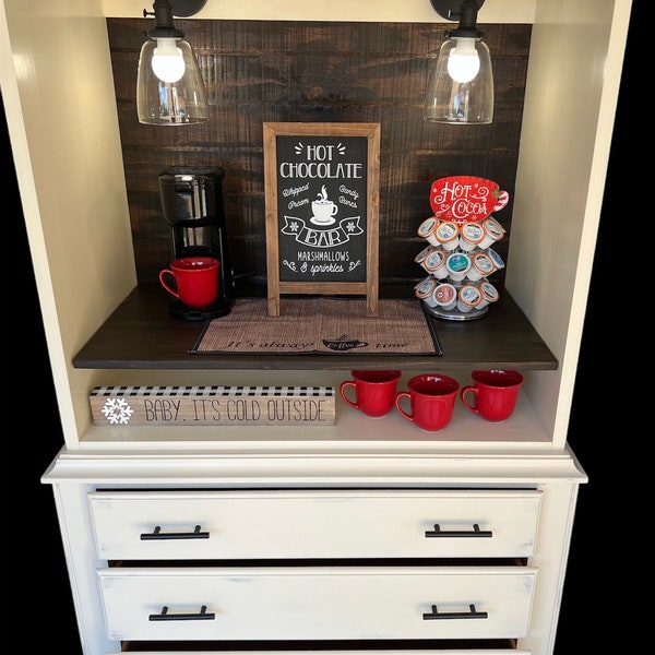 Hutch with end table, antique white distressed, walnut wood, coffee bar, hot chocolate bar, Christmas decor