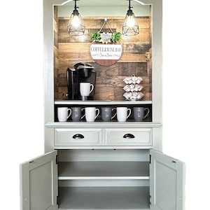 Sage coffee hutch, vintage hutch, vintage cabinet, Sage coffee and wine bar, coffee armoire, wine armoire bar, farmhouse, farmhouse hutch