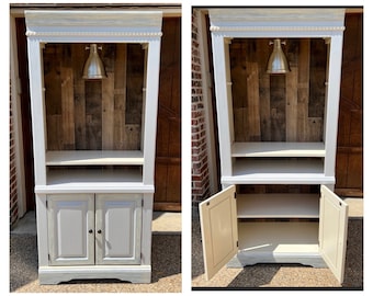 Beverage armoire bar, dark grey, light grey and crème, accented trim and cabinet trim